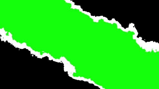 Diagonal torn paper transition effect revealing a green screen. White torn edges on a black background for chroma key video editing.
