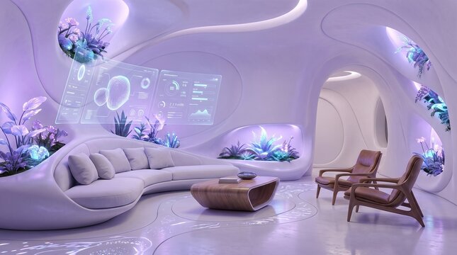 Futuristic living room interior with organic architecture, holographic interface, and purple neon lighting