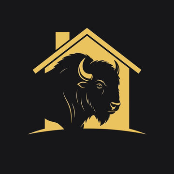 Bison buffalo silhouette inside house logo graphic vector design.