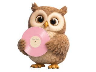 Fototapeta premium Adorable cartoon owl clutching a retro pink vinyl record, ready for a fun musical moment, isolated