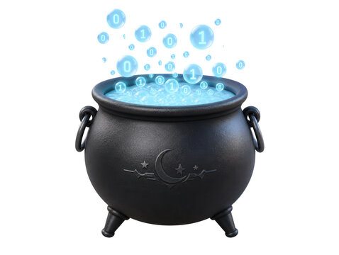 Black cauldron with digital binary code bubbles for tech magic concept