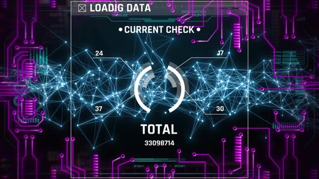 Digital interface showing data loading and network connections on a dark purple background with displays futuristic digital progress bar network video displays infrastructure communication screen