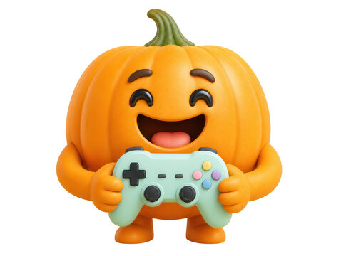 Cute Cartoon Pumpkin Character Playing Video Games with Controller