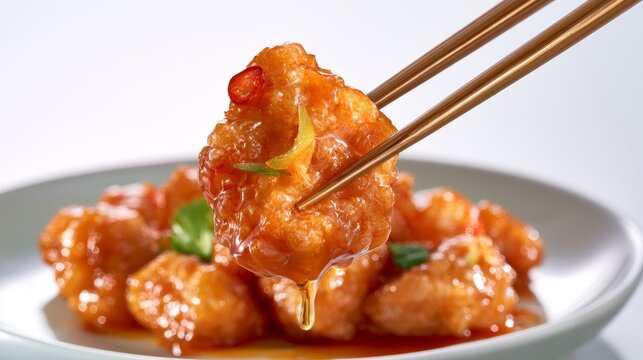 Crispy orange chicken pieces held with chopsticks above a white plate, garnished with green herbs and drizzled with a glossy sauce, showcasing Asian cuisine