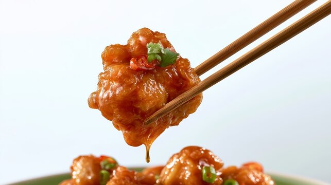 Close-up of crispy orange chicken piece held with chopsticks, garnished with green herbs, on a plate with additional pieces in the background