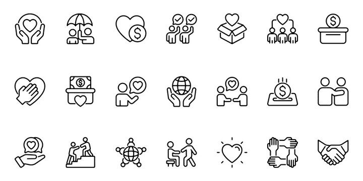 Altruism outline icon set. Containing charity, donation, philanthropy, volunteering, support, help, humanity and more. Editable stroke icons pack. Vector illustration.