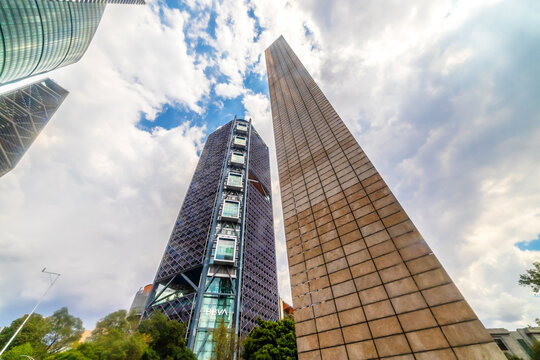 Mexico City, Mexico, September 25 2025 Monument of the Stele of Light, BBVA Tower building in Mexico City