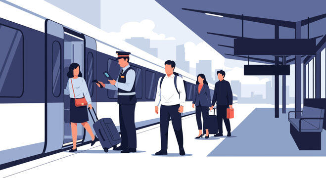 Train conductor assists passengers boarding a modern train at a busy station with luggage