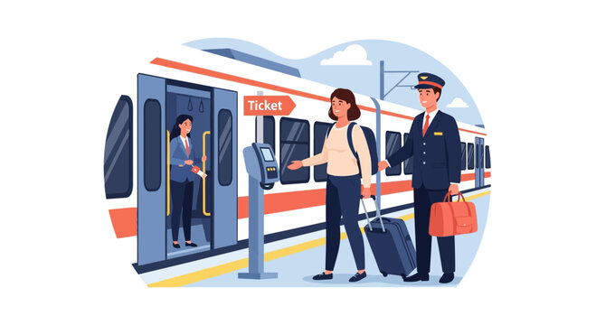 Train conductor assisting passenger at ticket machine next to an open train door with luggage