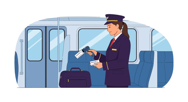A train conductor in uniform scanning tickets inside a passenger carriage