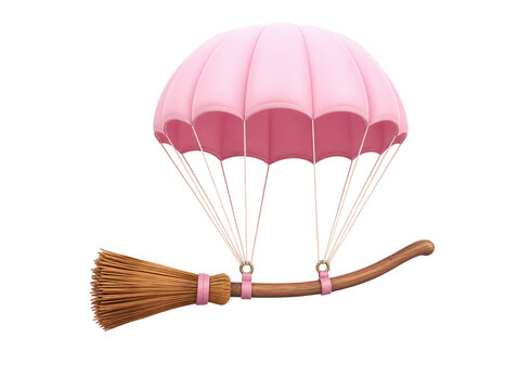 A wooden witch broom descending slowly from the sky attached to a soft pink parachute