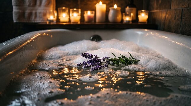 Bubble bath with lavender and candlelight