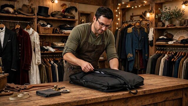 Costume Rental Shop Clerk Packing Formal Suit into Garment Bag