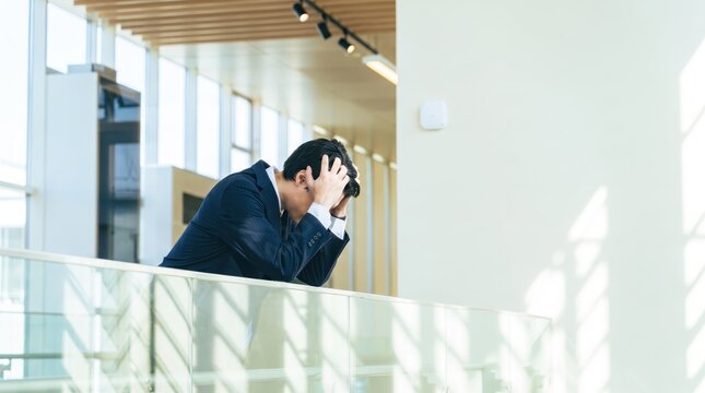 Stressed businessman holding head in hands while leaning on glass railing in bright modern office corridor, depicting burnout anxiety depression overwhelming pressure mental