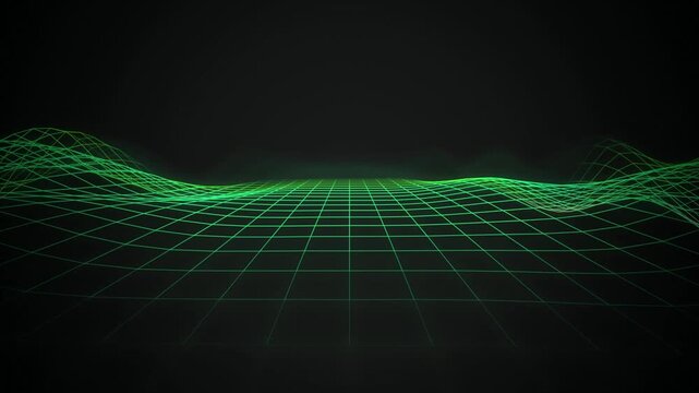 Neon green wireframe terrain grid flying forward seamless loop motion