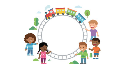 Fototapeta premium Diverse group of happy children standing around a circular toy train track frame with a colorful train on top.