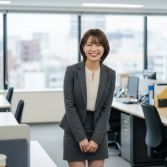 Fototapeta premium 会社のオフィスで挨拶をする若い女性会社員