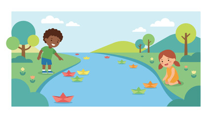 Naklejka premium Two happy children play outside by a winding blue river, floating colorful paper boats downstream on a sunny day.