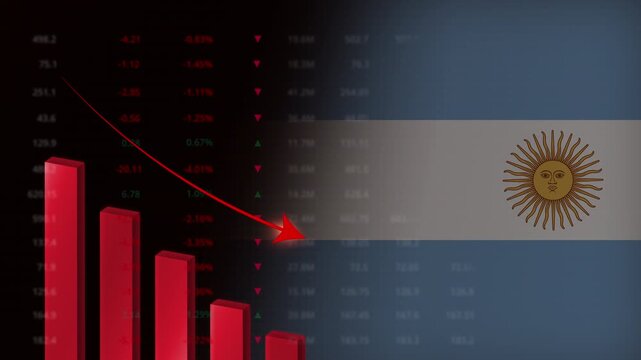 Economic crisis in Argentina concept background.Red falling graph animation with Argentinian flag.Stock market crash
