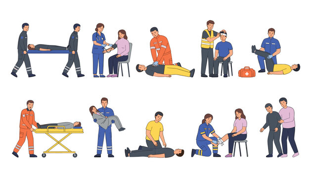 First aid emergency medical procedures vector set featuring paramedics doctors and rescuers treating injured people isolated on white background,