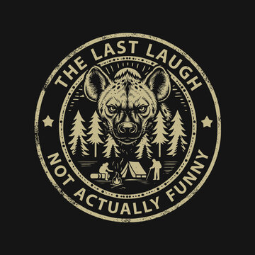 Graphic Emblem Featuring Hyena and Camping Scene with Ironic Text.