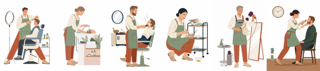 Obraz premium Set of professional barber and stylist character illustrations performing hair cutting, shaving, and grooming services in a modern salon setting.