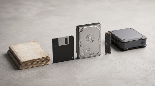 Conceptual evolution of data storage technology from old paper book floppy disk hard drive ssd to modern compact nas enclosure