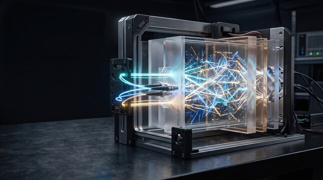 Conceptual photonic quantum computer processor with fiber optic lasers and translucent crystal matrix in high tech laboratory