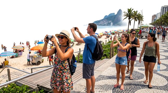 Tourists capture memories on a sunny beach promenade with iconic mountain backdrop isolated on white background