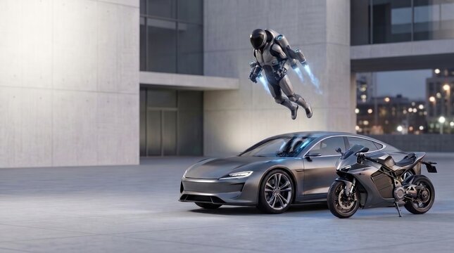 Conceptual future urban transportation showcase featuring jetpack pilot hovering above electric sports car and motorcycle in modern plaza