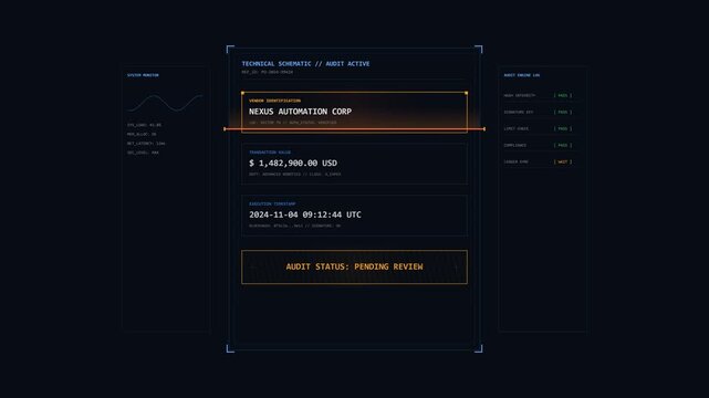 Futuristic HUD interface displaying technical schematic audit data and financial transactions in dark digital space