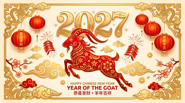 Year of the Goat 2027: A vibrant illustration celebrating the Chinese New Year of the Goat, featuring a red and gold goat, traditional lanterns, firecrackers, and auspicious clouds.