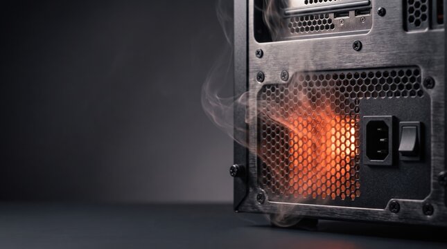 Conceptual burning power supply psu inside computer case with glowing heat and smoke from honeycomb grill representing power surge