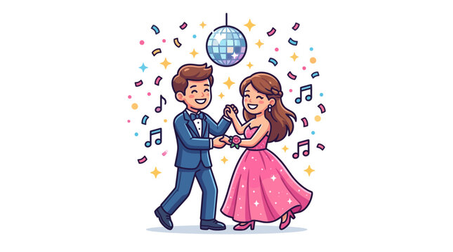 Teenage couple dancing happily at a prom night event under a shiny disco ball with music notes and confetti floating around.