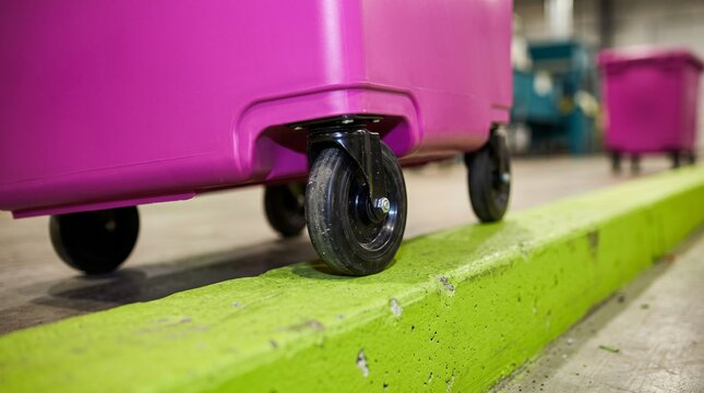 Close view of bin wheels beside a green curb