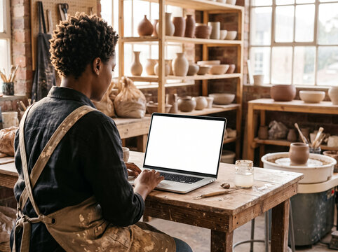 potter african american woman working on laptop with blank white screen at wooden table in pottery studio surrounded by ceramic craft