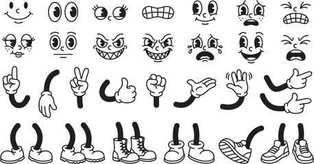 Retro Cartoon Character Body Parts Faces Hands Legs Clipart Set  © SMCIPA