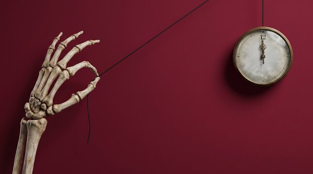 Skeleton hand pulling clock string on red background, memento mori concept of time running out, vintage clock showing midnight, macabre photography for mortality and death themes.