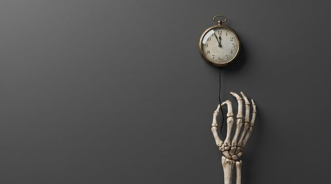 Skeleton hand holding pocket watch on dark background, memento mori concept of time running out, gothic mortality theme for philosophical design, minimalist studio lighting.