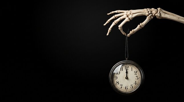 Skeleton hand holding pocket watch as memento mori concept of time and mortality on black background