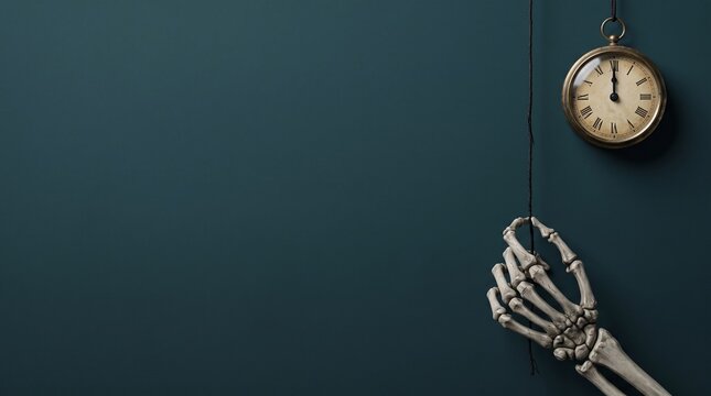 Skeleton hand holding pocket watch on dark background. Vintage clock with skeletal fingers, memento mori concept, spooky death theme, minimalist moody lighting for Halloween design.