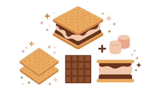 Delicious smores ingredients vector set with graham crackers chocolate bars and melted marshmallows for camping dessert concept flat illustration