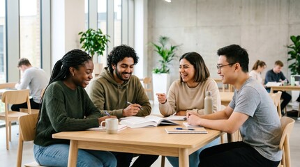Fototapeta premium Diverse group of happy young adult university students studying together at a wooden table in a bright modern library, collaboration and teamwork concept