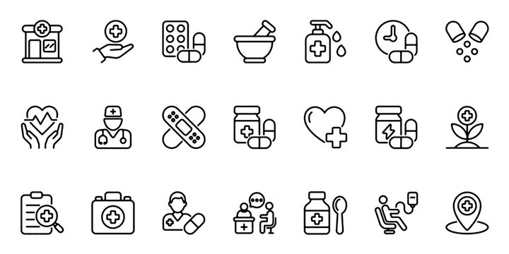 Pharmacy outline icon set. Containing healthcare, medicine, medical, hospital, health, pill, capsule, emergency and more. Editable stroke icons pack. Vector illustration.