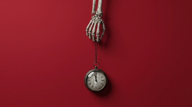 Skeleton hand holding pocket watch on red background, memento mori concept of death and time, vintage clock hanging from bone fingers, minimalist conceptual photography for Halloween or philosophy.