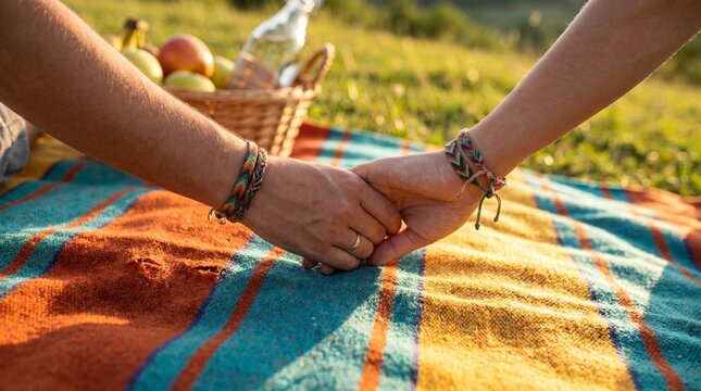Young couple holding hands on picnic blanket outdoors representing romance and love in nature