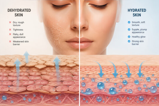 Dehydrated vs Hydrated Skin Comparison and Skin Barrier Infographic