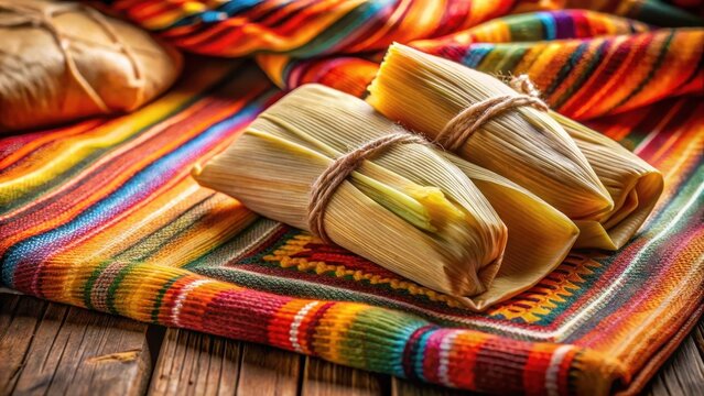 A close up of a tamale in its corn husk wrapper on a colorful patterned napkin on a wooden surface