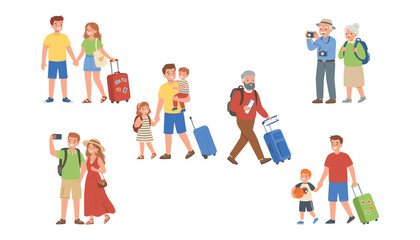 Fototapeta premium Happy traveling tourists vector characters set with diverse families and senior couples holding luggage on white background
