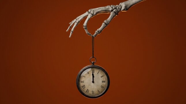 Skeleton hand holding vintage pocket watch, death holding time on brown background, macabre memento mori concept